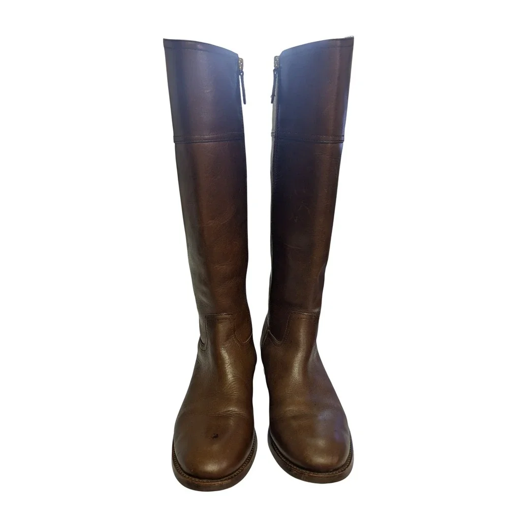 Tory Burch Kiernan Riding Boots Gold Logo Equestrian Preppy Leather Brown 10